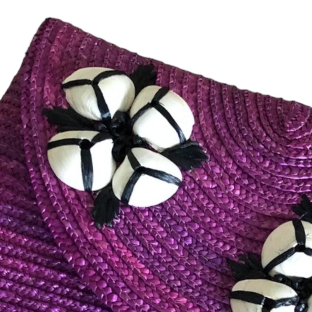 Felix Rey NY Fuchsia Straw Clutch Purse Seashell Embellished Boho Beach Bag